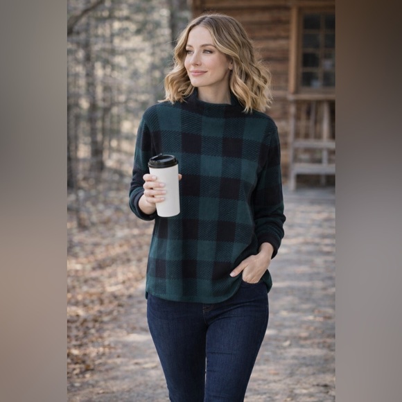 Anne Klein Buffalo Plaid Sweater Mock Neck Green Black Knit Top Size L - Picture 2 of 7